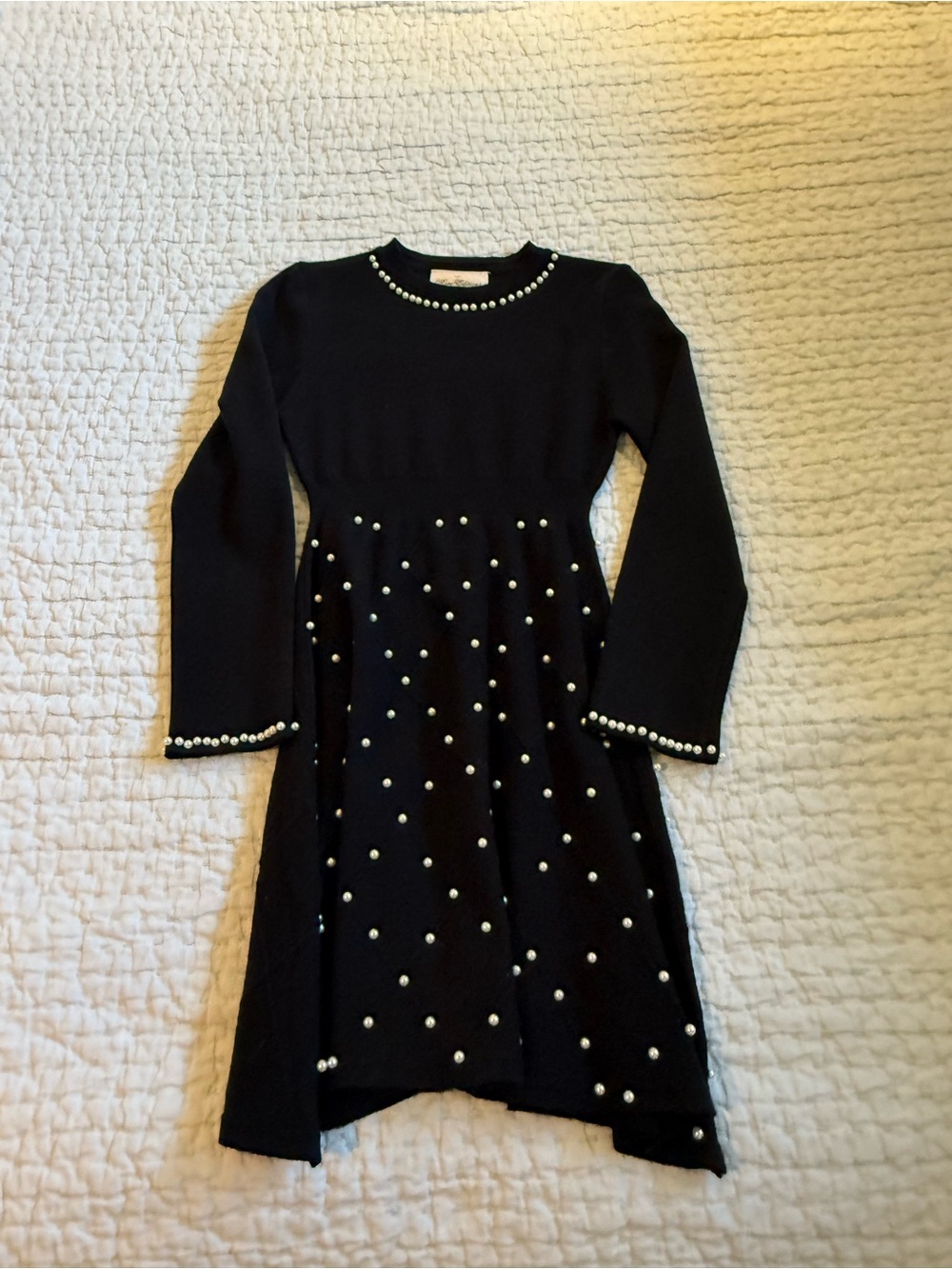 Rare Editions Black Knit Dress with Pearl Trim